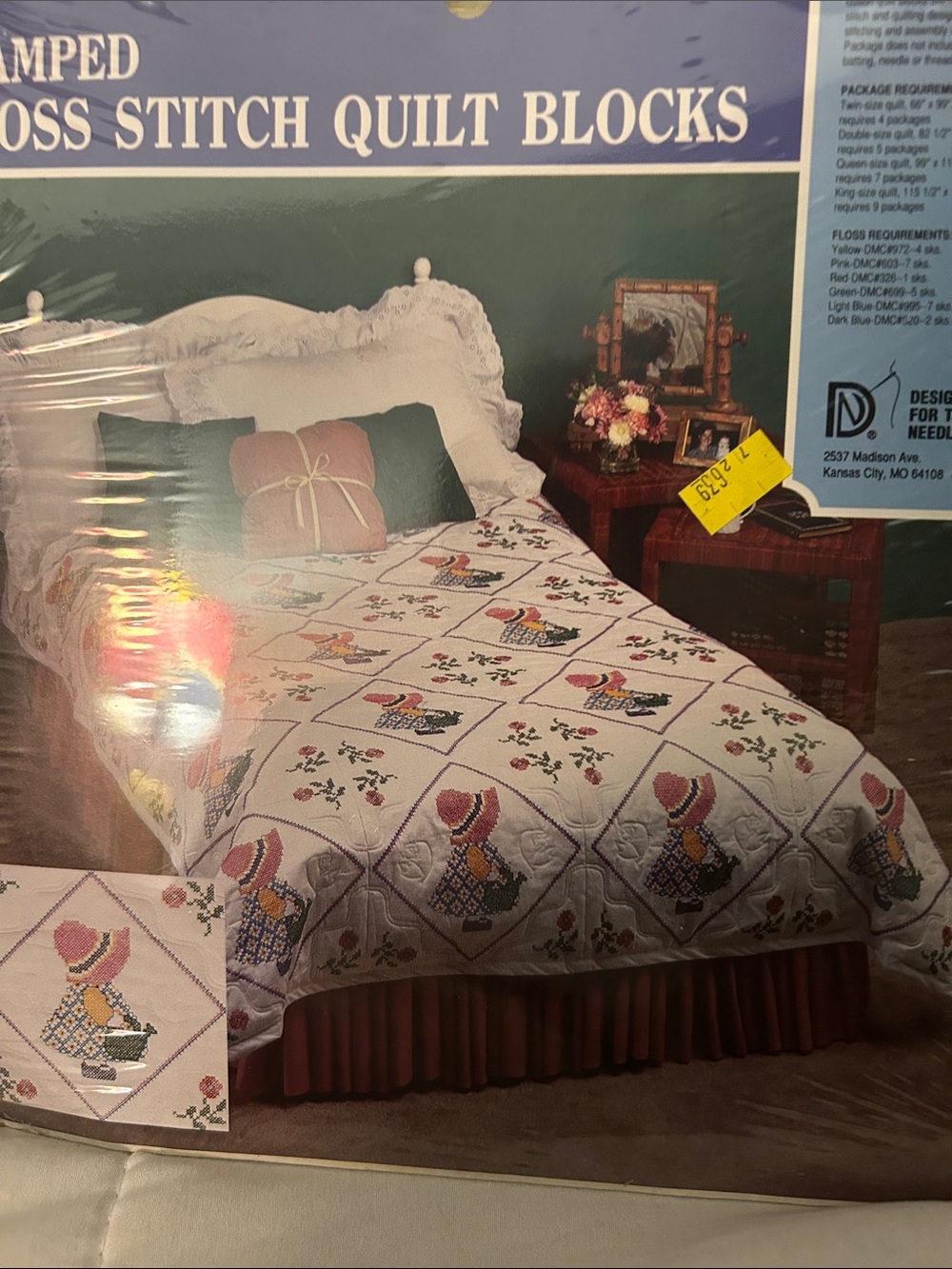 Stamped Cross Stitch Quilt Blocks - White with Multicolor Sunbonnet Sue Motifs - Picture 5 of 9
